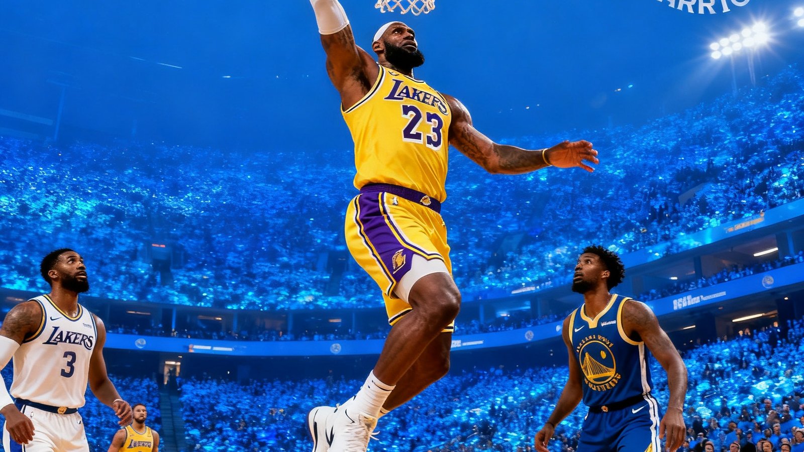 NBA湖人vs勇士全场集锦封面，詹姆斯在快攻中单手劈扣，背景是金州勇士主场蓝色海洋般的观众席